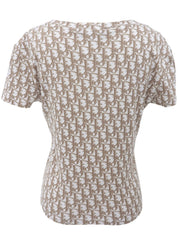 Trotter Pattern Flower Embroidered Half Sleeve Top in White/Brown