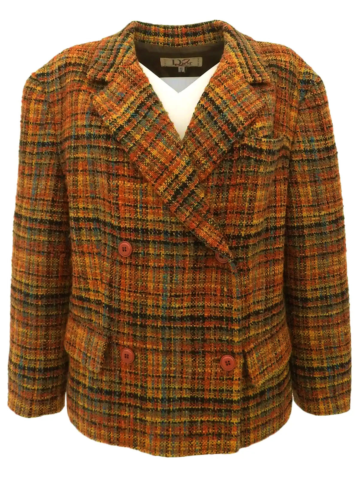 Tweed check pattern double-breasted jacket in brown/multi
