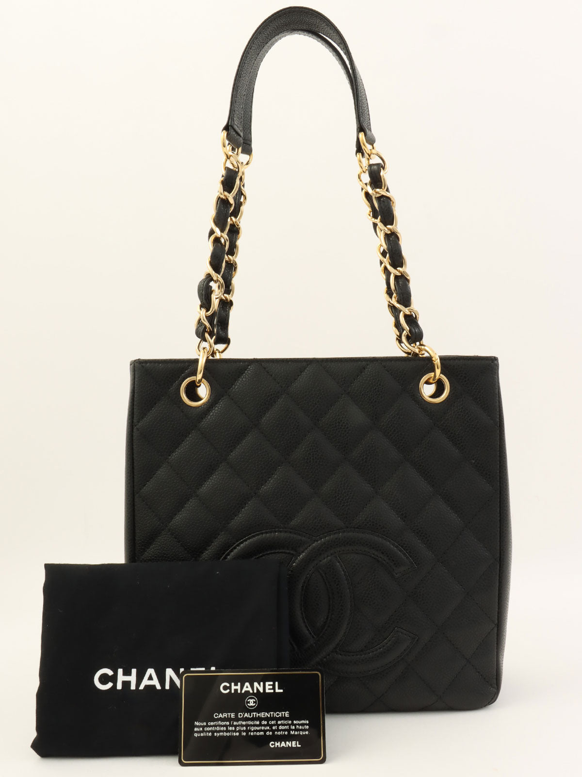 2009年頃製 キャビアスキンCCマークステッチチェーントートバッグ ブラック