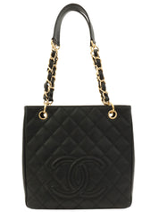 2009年頃製 キャビアスキンCCマークステッチチェーントートバッグ ブラック