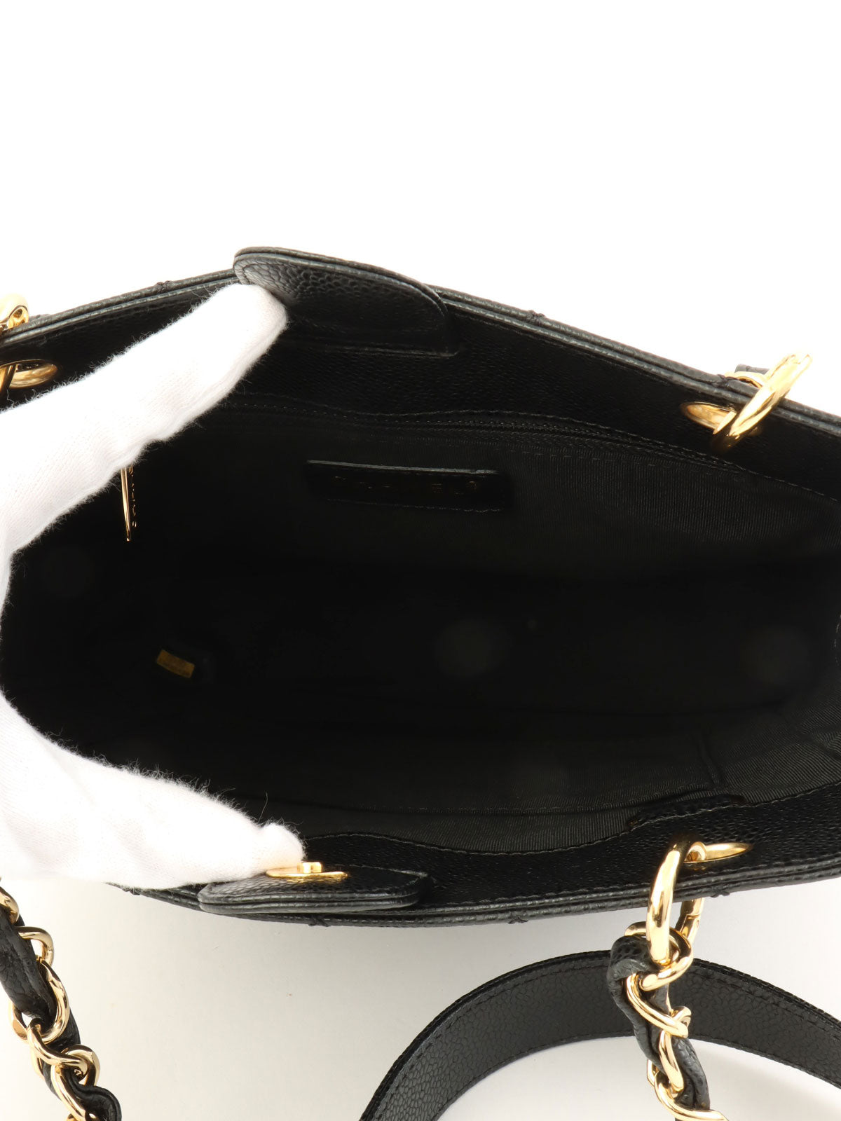 2009年頃製 キャビアスキンCCマークステッチチェーントートバッグ ブラック