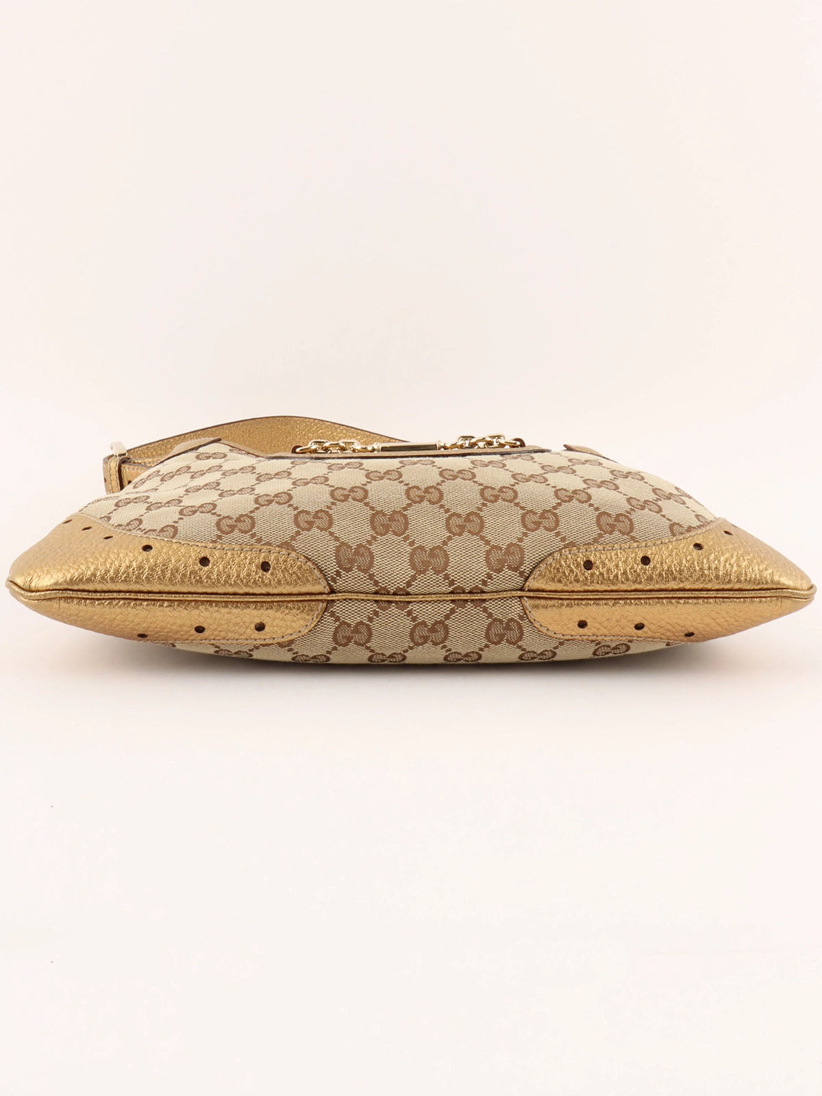 Canvas GG Pattern Horsebit Plate Shoulder Bag in Beige/Gold