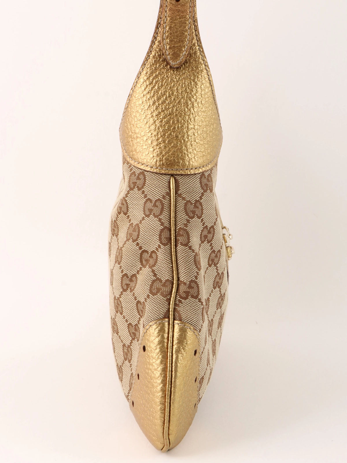 Canvas GG Pattern Horsebit Plate Shoulder Bag in Beige/Gold