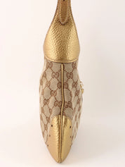 Canvas GG Pattern Horsebit Plate Shoulder Bag in Beige/Gold
