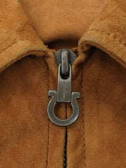 Gancini Plate Leather Jacket Brown