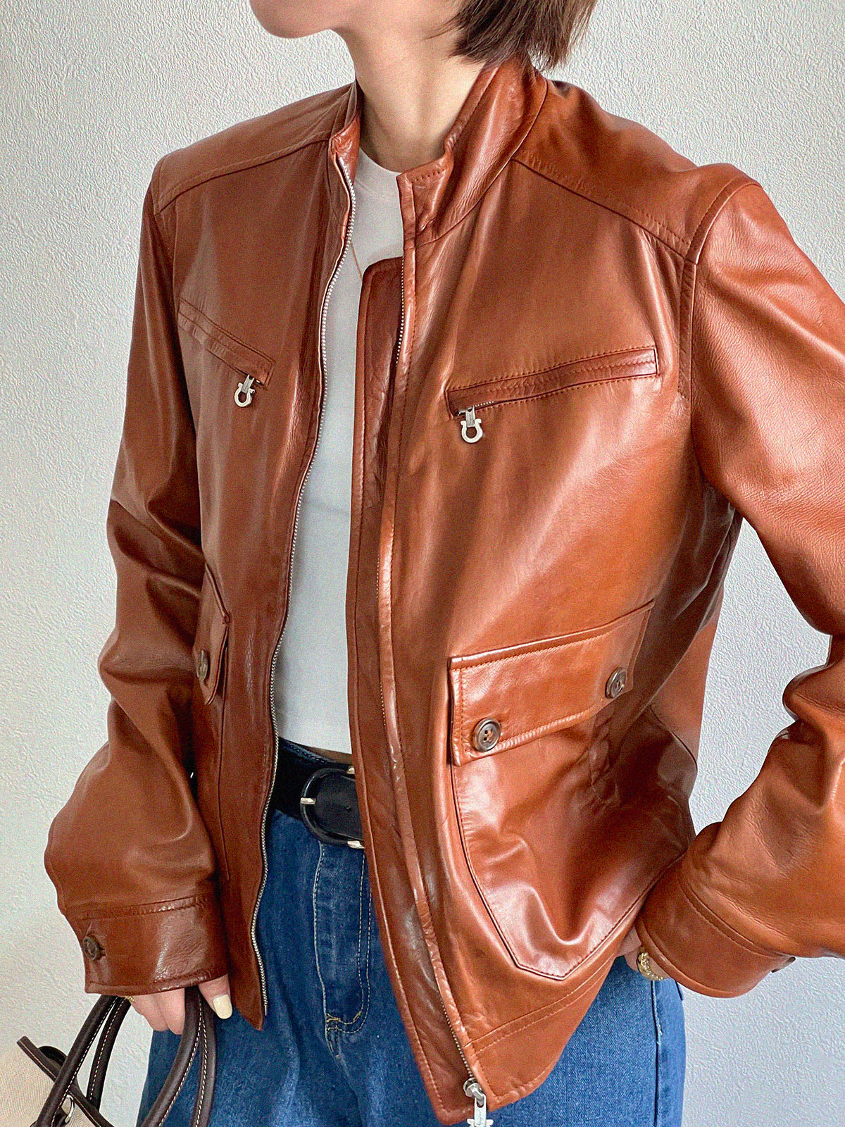 Gancini Plate Leather Jacket Brown
