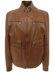 Gancini Plate Leather Jacket Brown