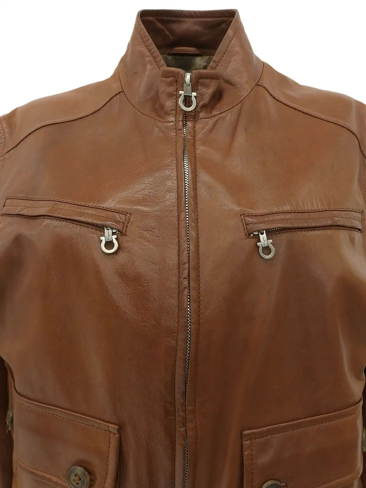Gancini Plate Leather Jacket Brown