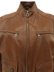 Gancini Plate Leather Jacket Brown