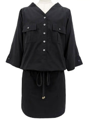 ロゴボタン七分袖ワンピース ブラック