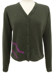 Logo Button Cardigan in Olive Green/Dahlia Purple