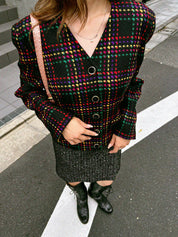 Wool Check Pattern Collarless Jacket in Black/Multi