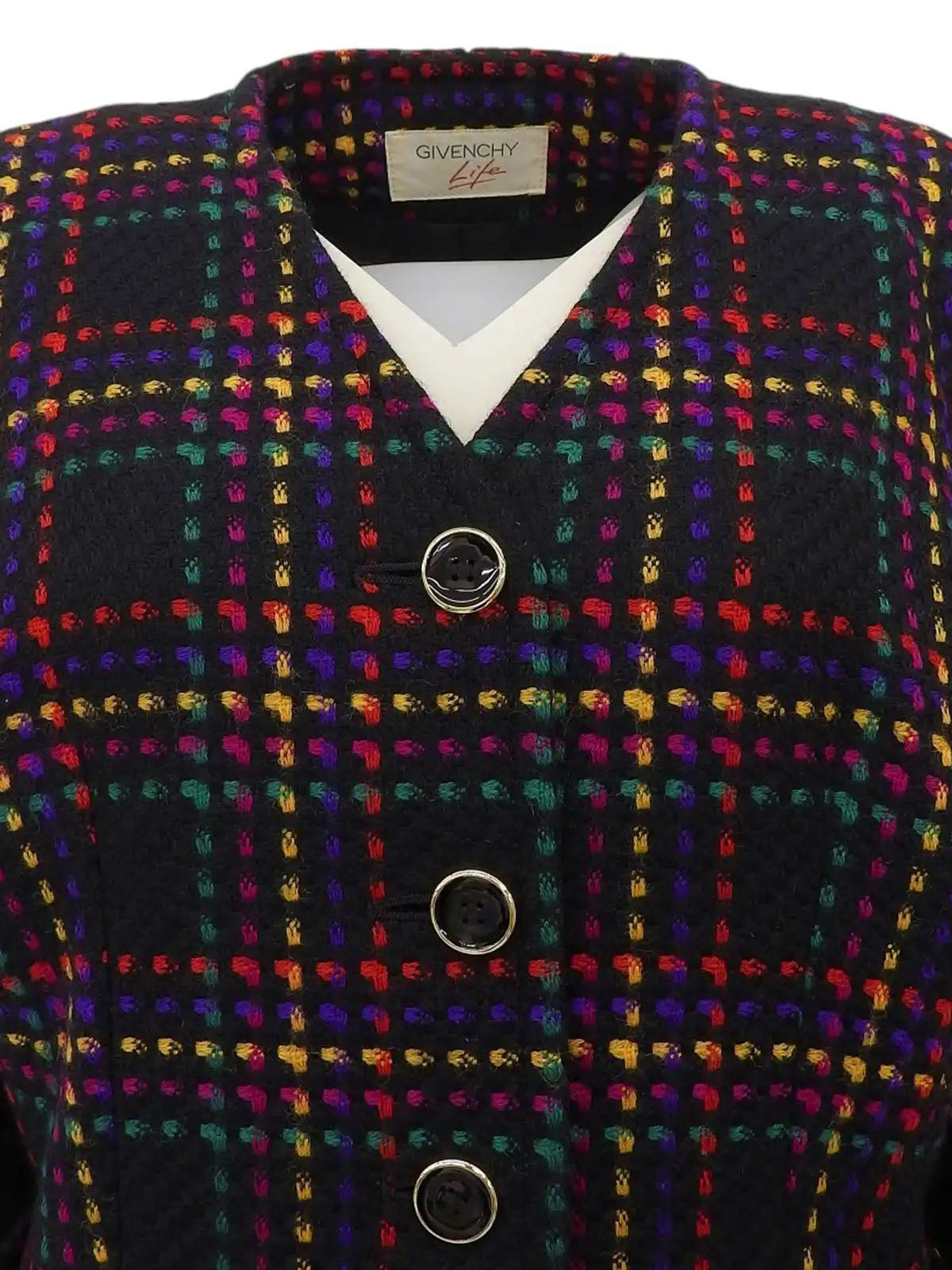 Wool Check Pattern Collarless Jacket in Black/Multi