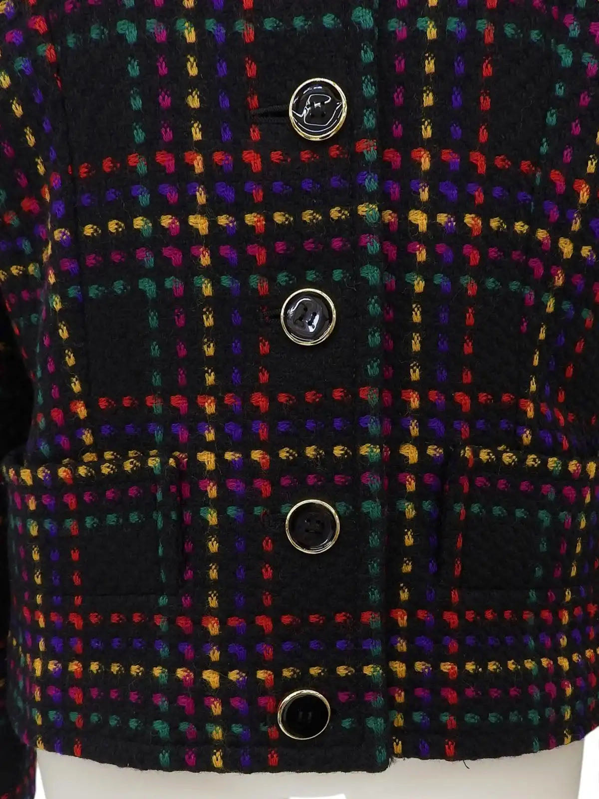 Wool Check Pattern Collarless Jacket in Black/Multi