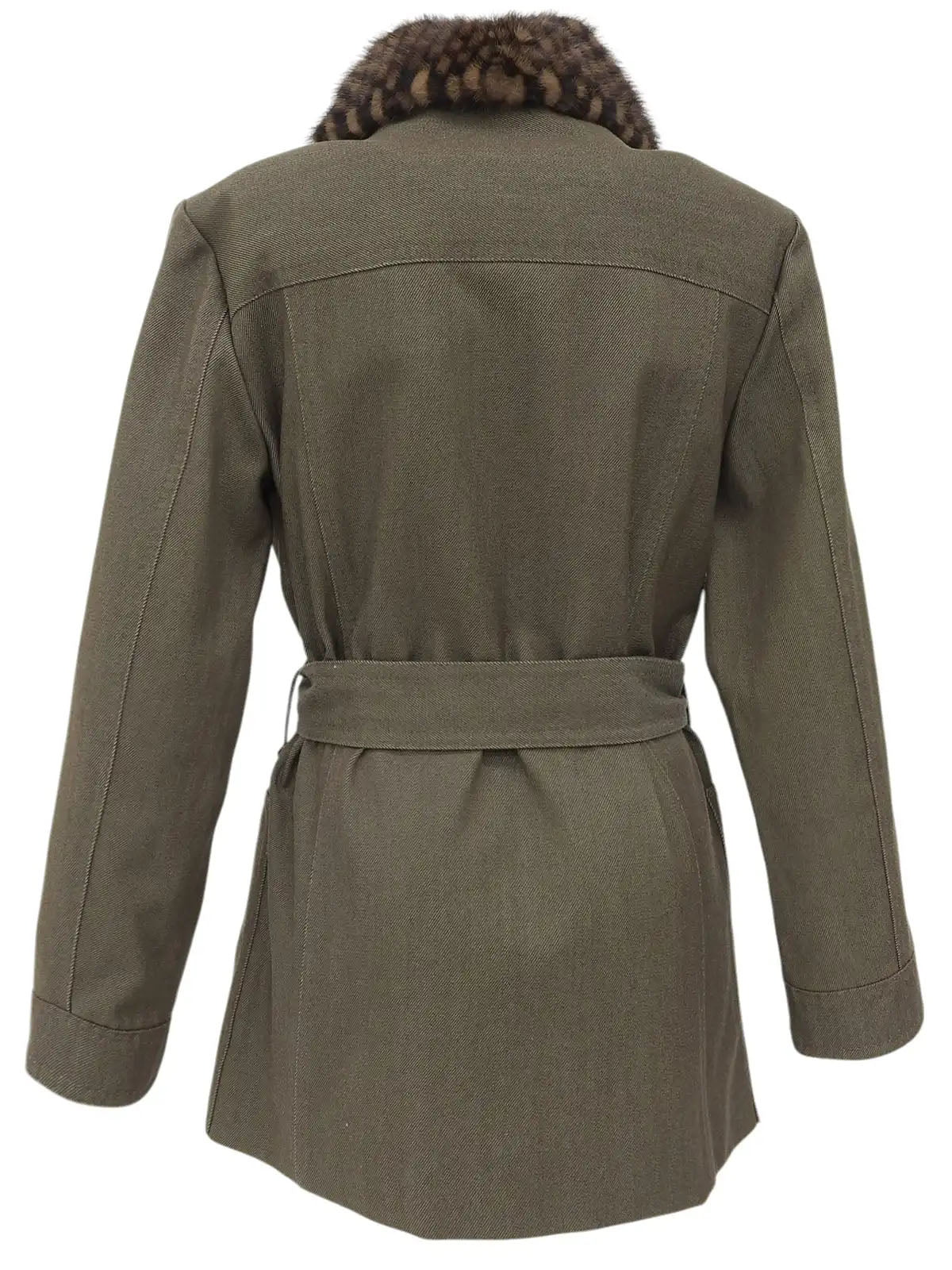 Damier Pattern Fur Denim Combination Coat in Khaki