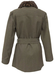 Damier Pattern Fur Denim Combination Coat in Khaki