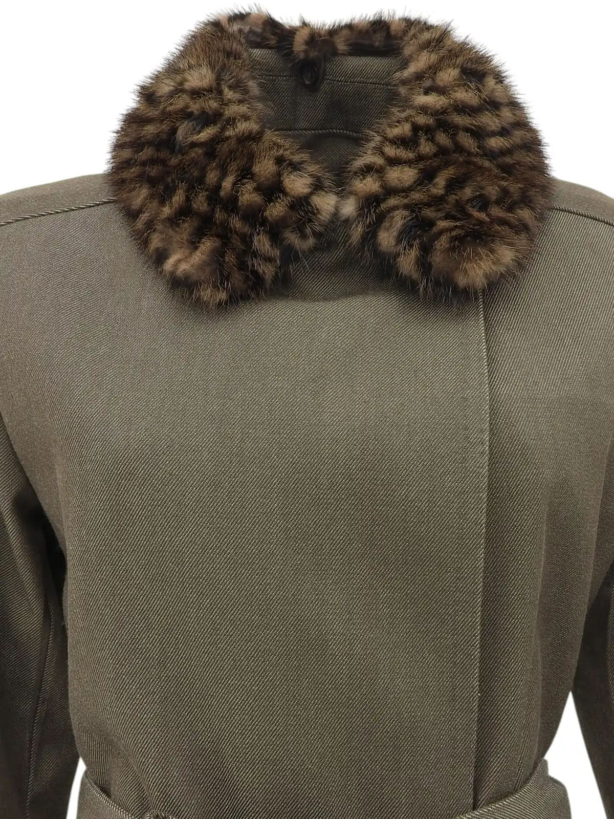 Damier Pattern Fur Denim Combination Coat in Khaki