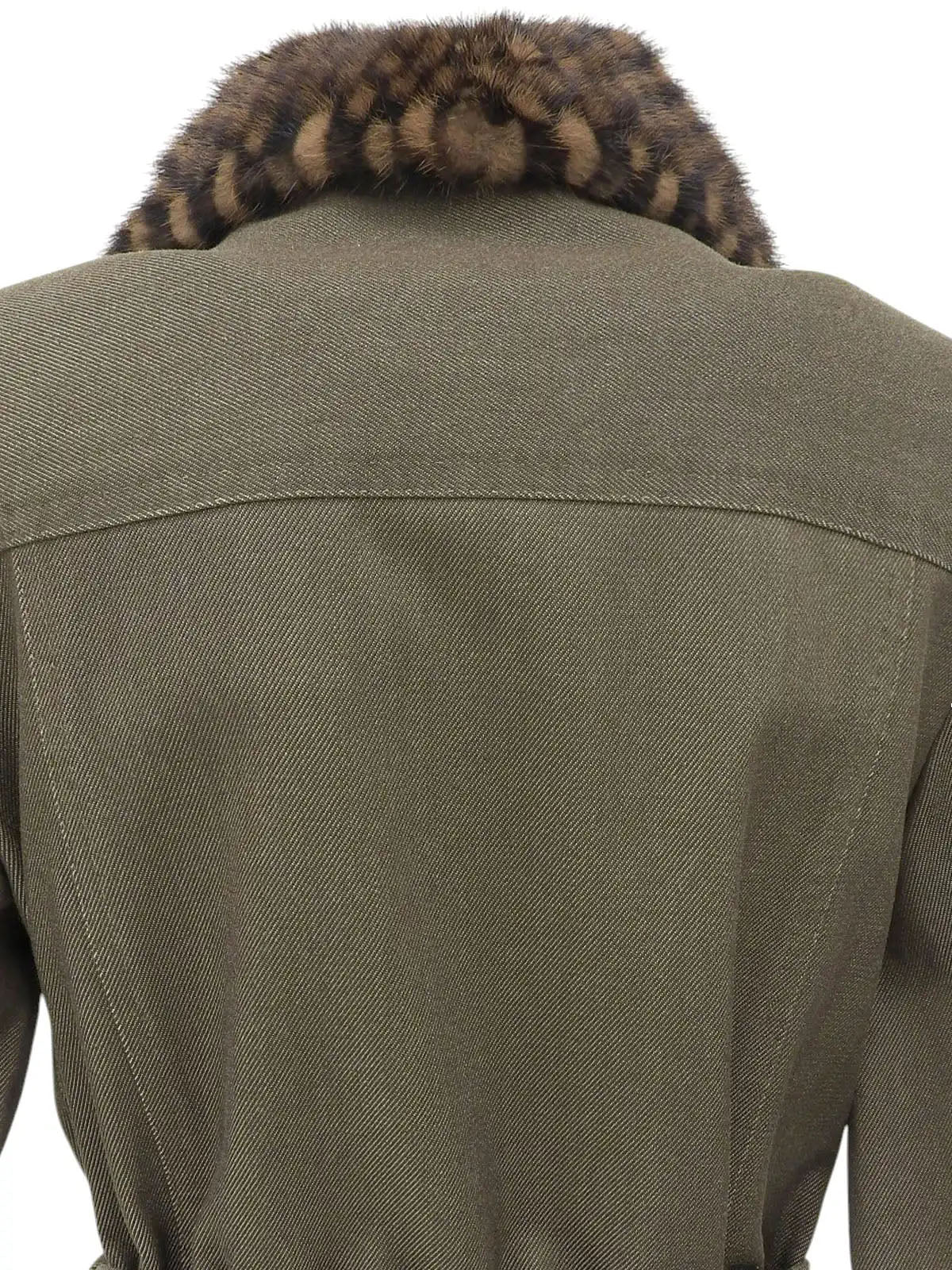 Damier 图案卡其色皮草牛仔混纺大衣