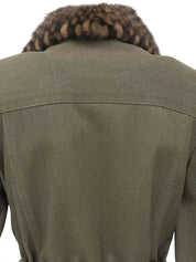 Damier 图案卡其色皮草牛仔混纺大衣