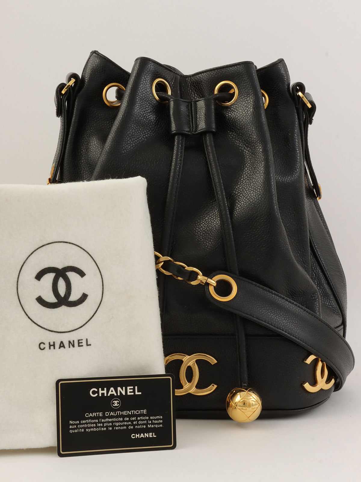 1992 Caviar Skin 6CC Mark Stitch Drawstring Shoulder Bag Black