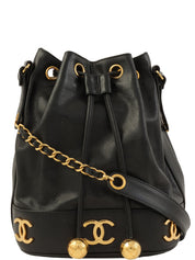 1992 Caviar Skin 6CC Mark Stitch Drawstring Shoulder Bag Black