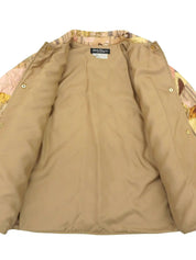 Bird and flower pattern quilted jacket in beige, yellow, and pink