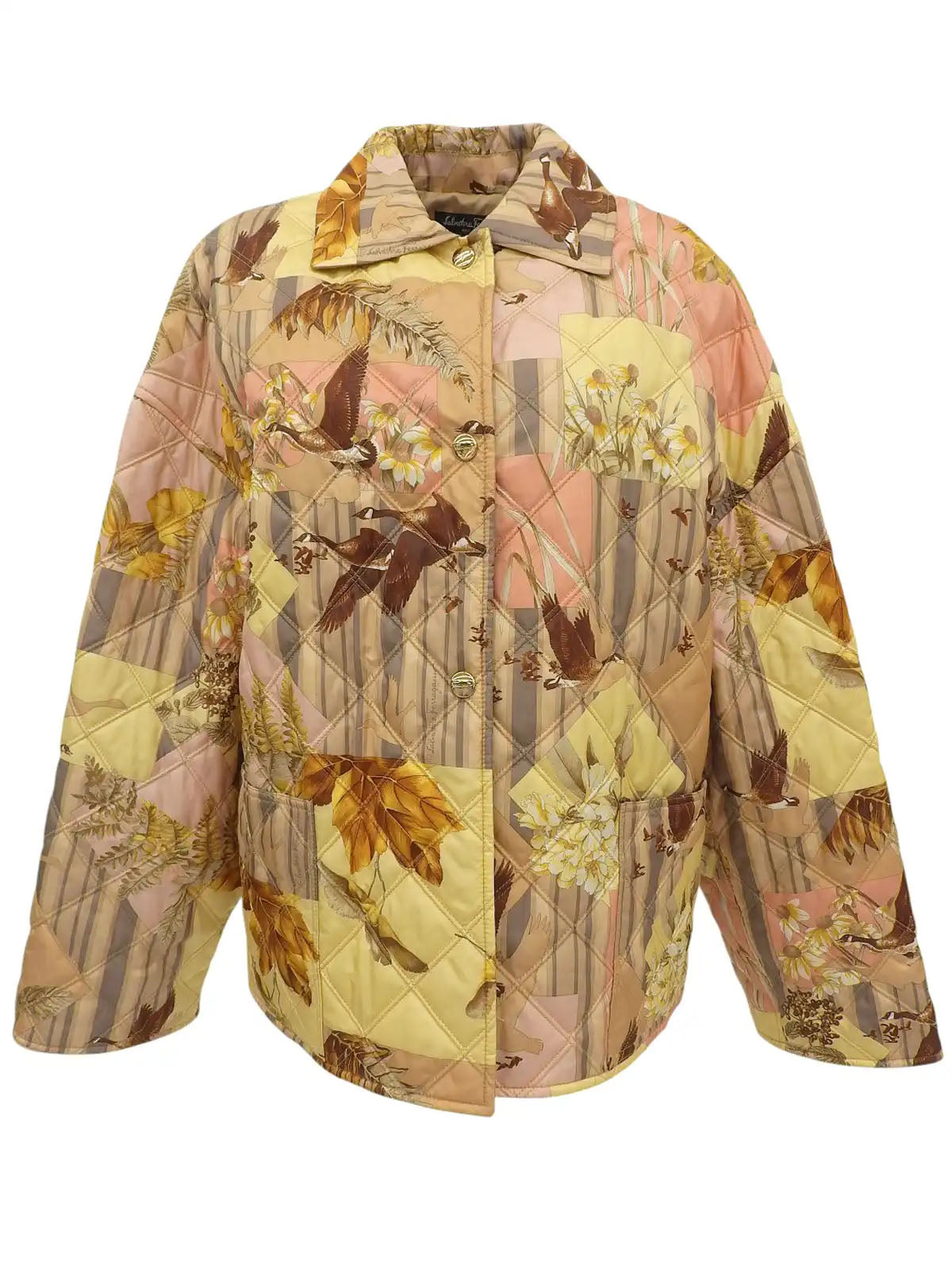 バードフラワーパターンキルティングジャケット　ベージュ／イエロー／ピンク