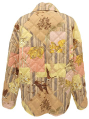Bird and flower pattern quilted jacket in beige, yellow, and pink