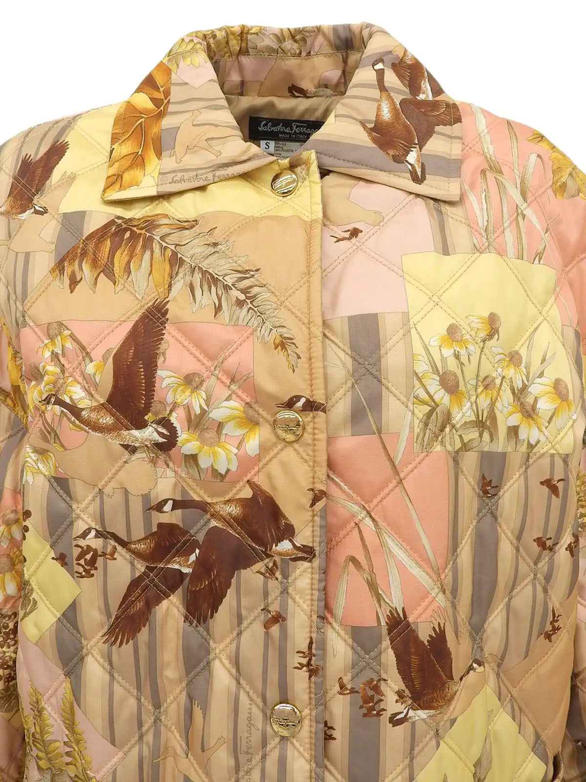 Bird and flower pattern quilted jacket in beige, yellow, and pink