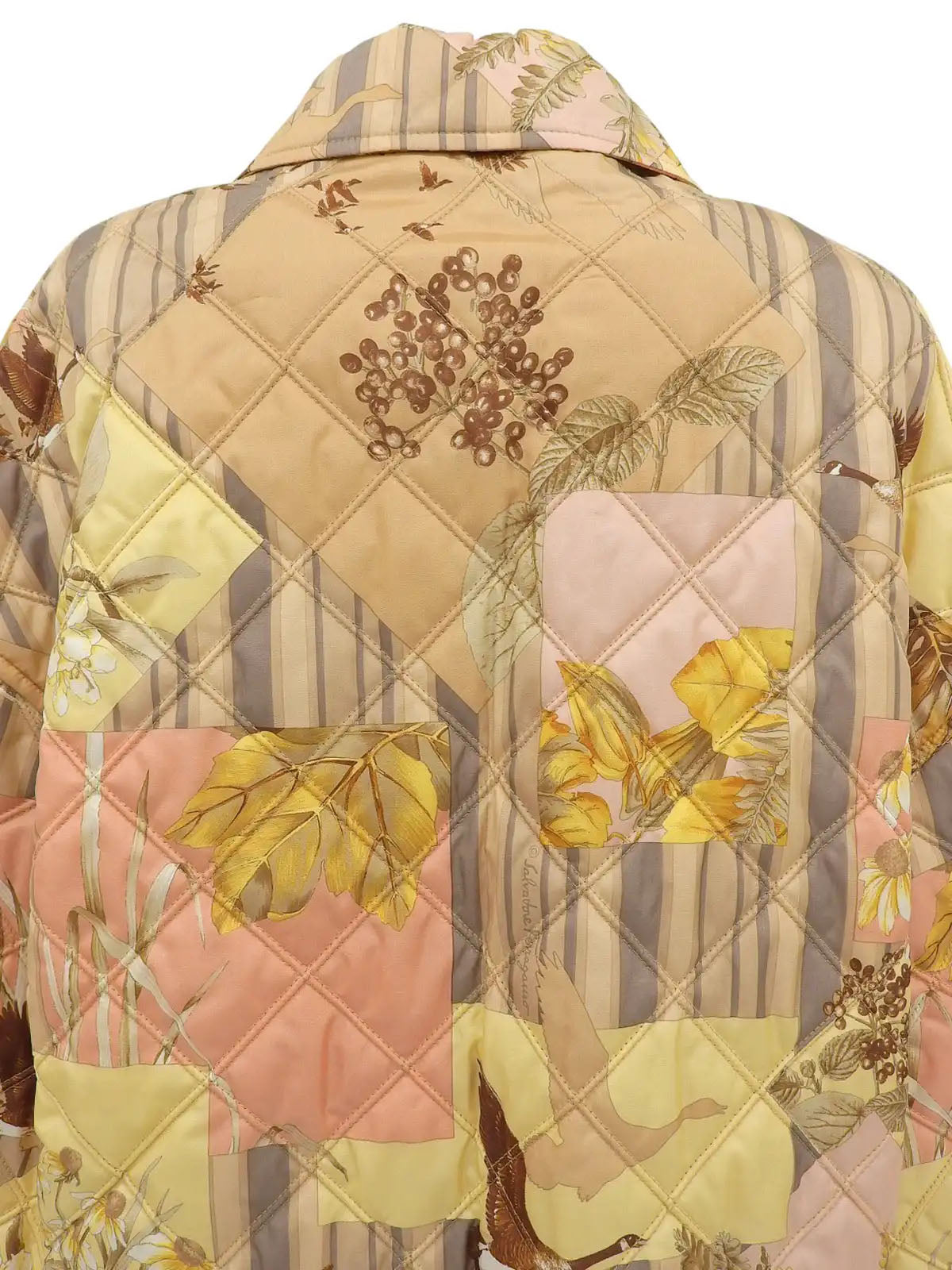 Bird and flower pattern quilted jacket in beige, yellow, and pink