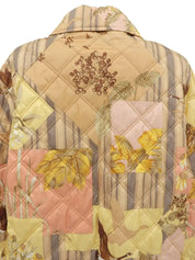 Bird and flower pattern quilted jacket in beige, yellow, and pink