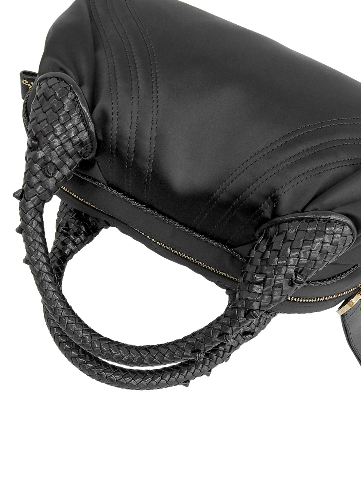 ナイロンレザーコンビロゴチャームハンドバッグ ブラック