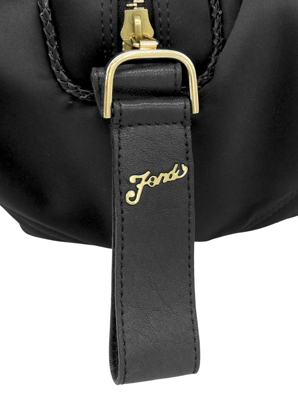 ナイロンレザーコンビロゴチャームハンドバッグ ブラック