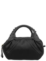 Nylon and leather combination logo charm handbag in black