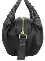 Nylon and leather combination logo charm handbag in black