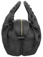 ナイロンレザーコンビロゴチャームハンドバッグ ブラック