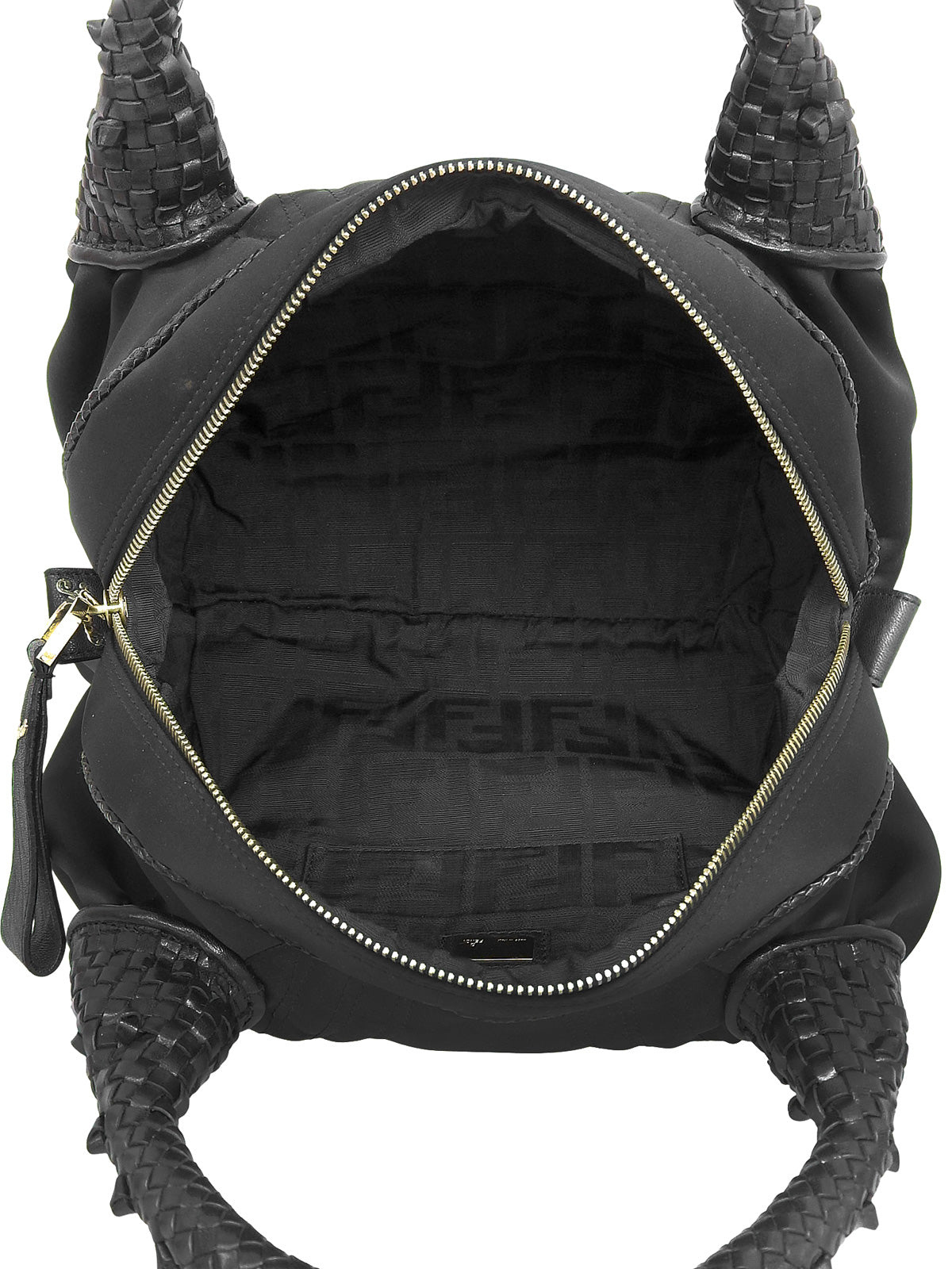 ナイロンレザーコンビロゴチャームハンドバッグ ブラック