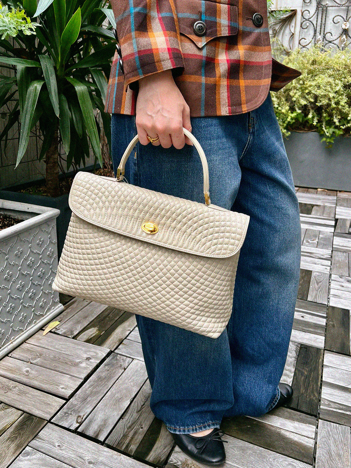 Logo Plate Quilted Handbag Ivory