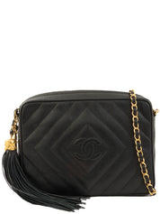 1992年頃製 キャビアスキンCCマークタッセルチェーンショルダーバッグ ブラック