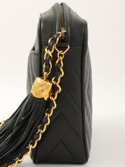 1992年頃製 キャビアスキンCCマークタッセルチェーンショルダーバッグ ブラック