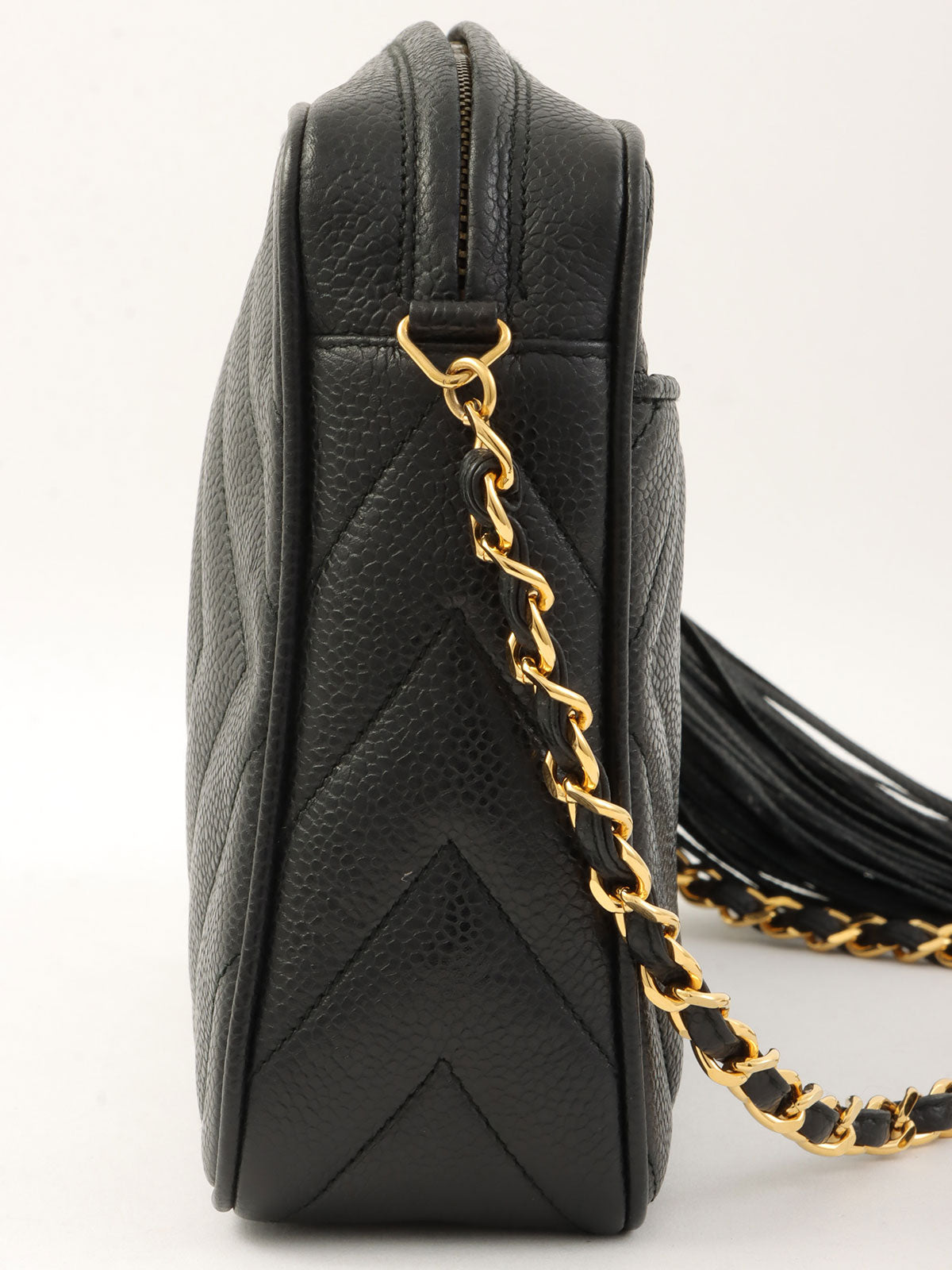 1992年頃製 キャビアスキンCCマークタッセルチェーンショルダーバッグ ブラック