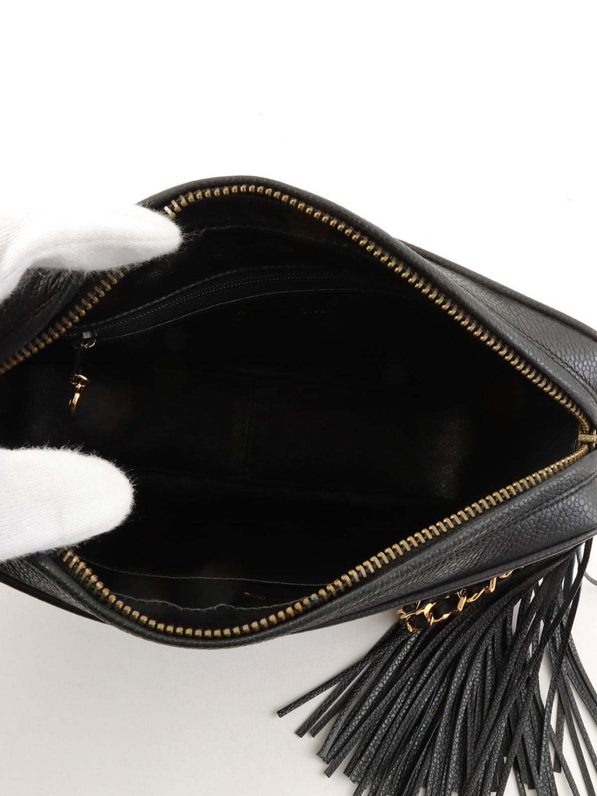 1992年頃製 キャビアスキンCCマークタッセルチェーンショルダーバッグ ブラック