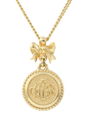 Ribbon Round Emblem Logo Necklace Gold