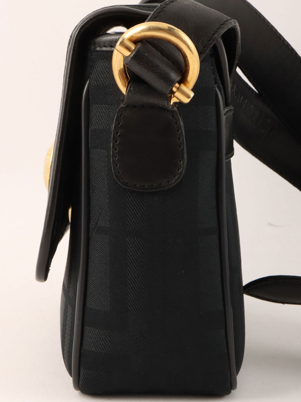 Check Pattern Round Logo Mini Shoulder Bag in Black