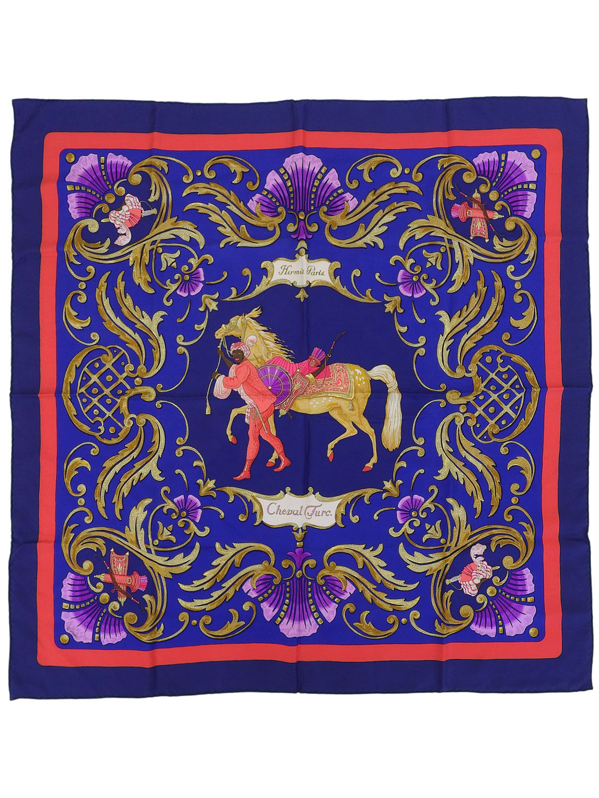 Carré 90 Cheval Turk 图案围巾，海军蓝/多色