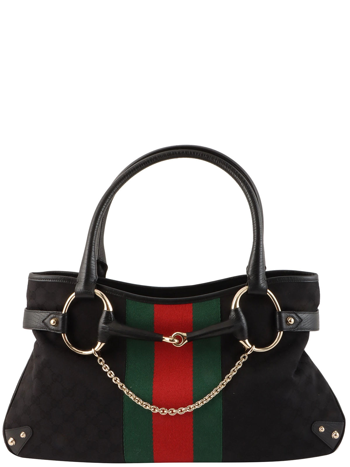 Canvas GG Pattern Sherry Line Horsebit Shoulder Bag in Black