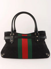 Canvas GG Pattern Sherry Line Horsebit Shoulder Bag in Black