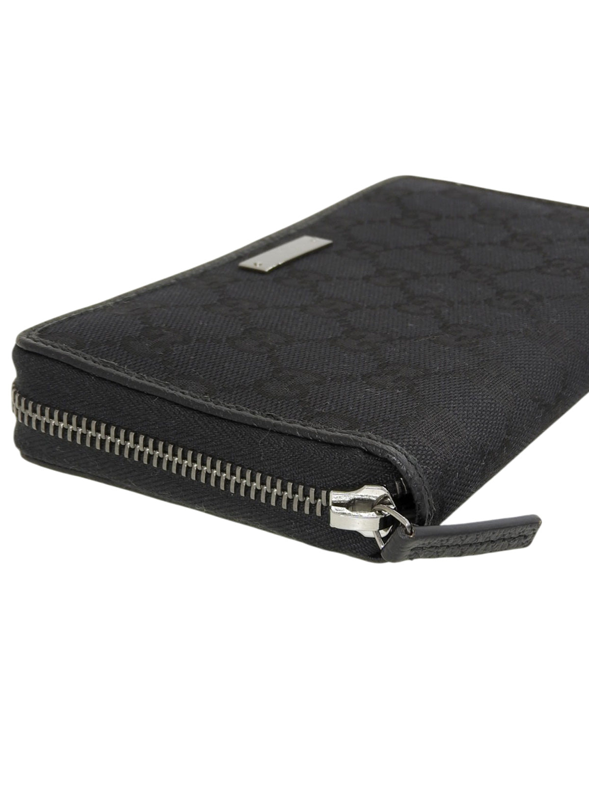 Canvas GG Pattern Logo Plaque Zip Long Wallet Black
