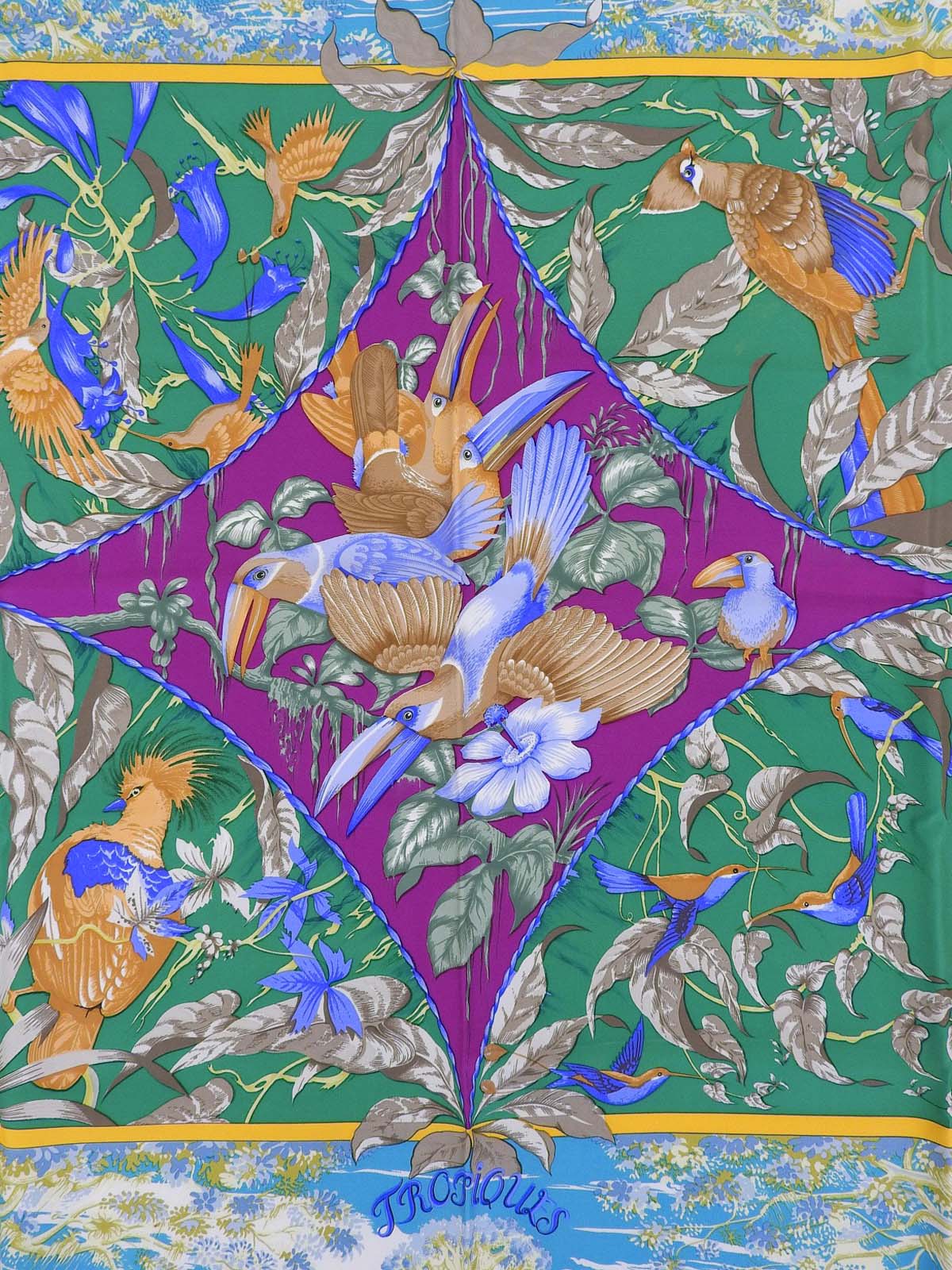 カレ90 Tropiquesパターンスカーフ ブルー/マルチ