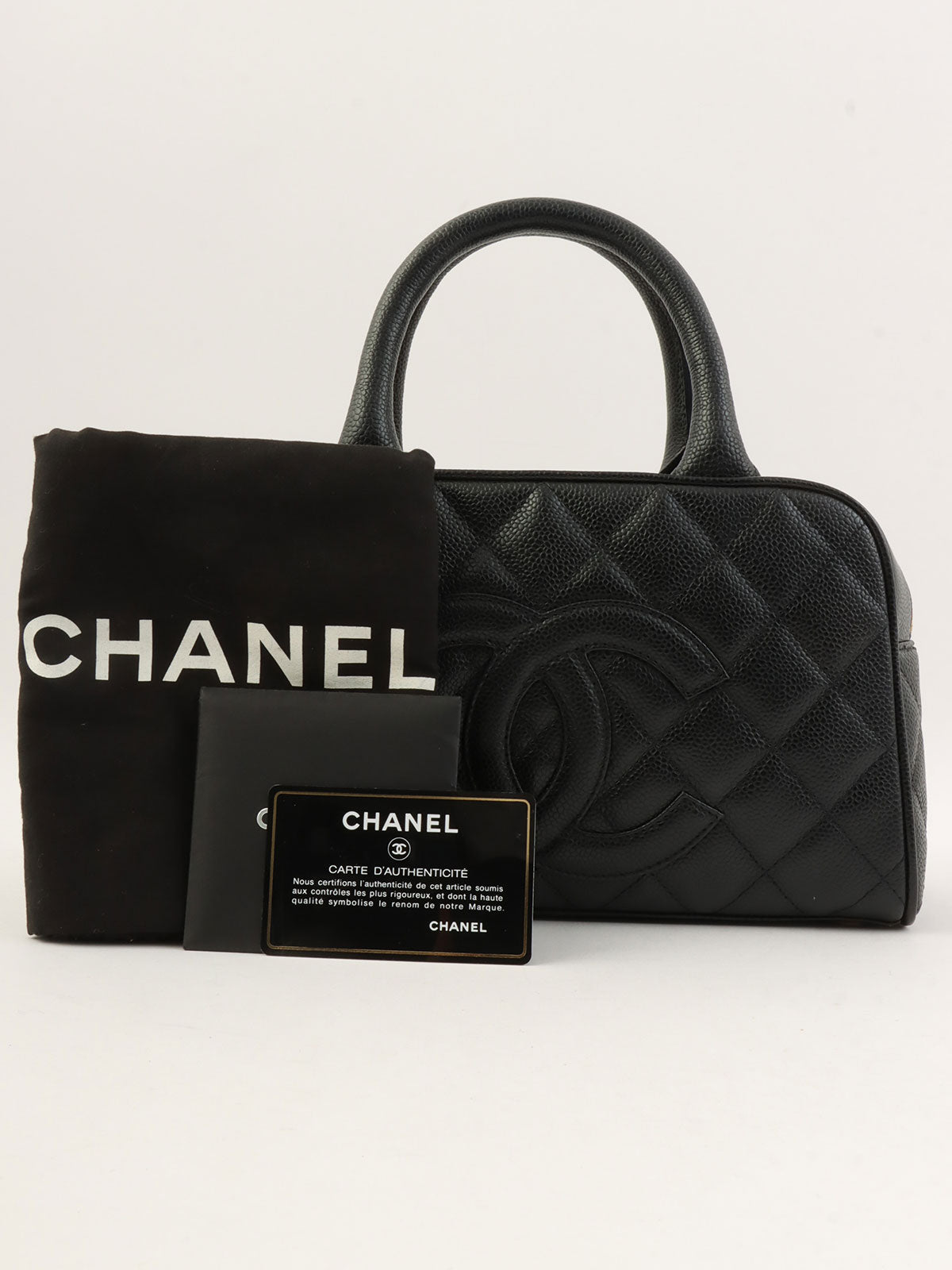 2003 Caviar Skin CC Mark Stitch Mini Boston Bag in Black